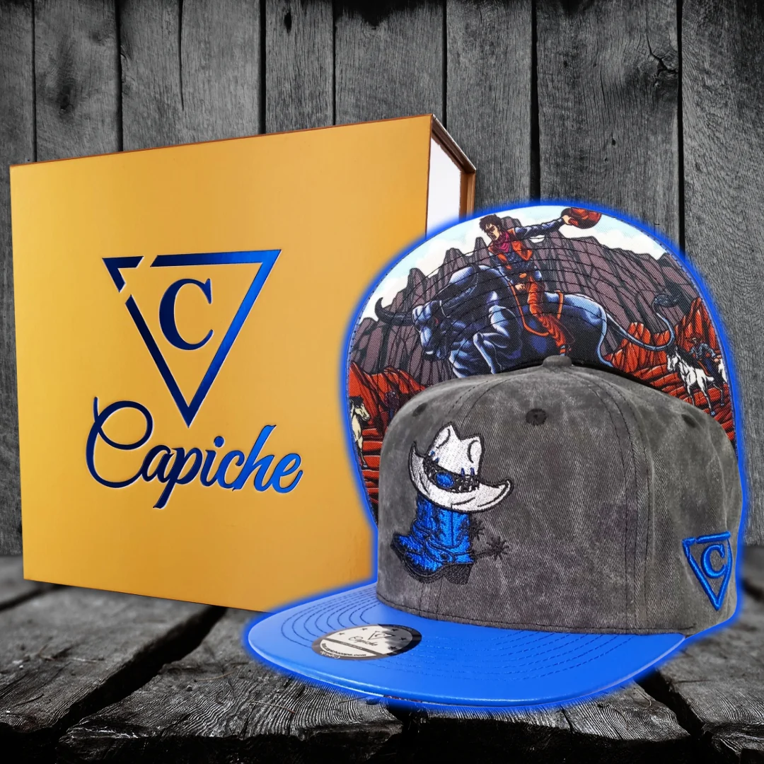 Bull Rodeo Snapback - Dark Grey Washed Fabric & Blue Faux Leather - Image 3