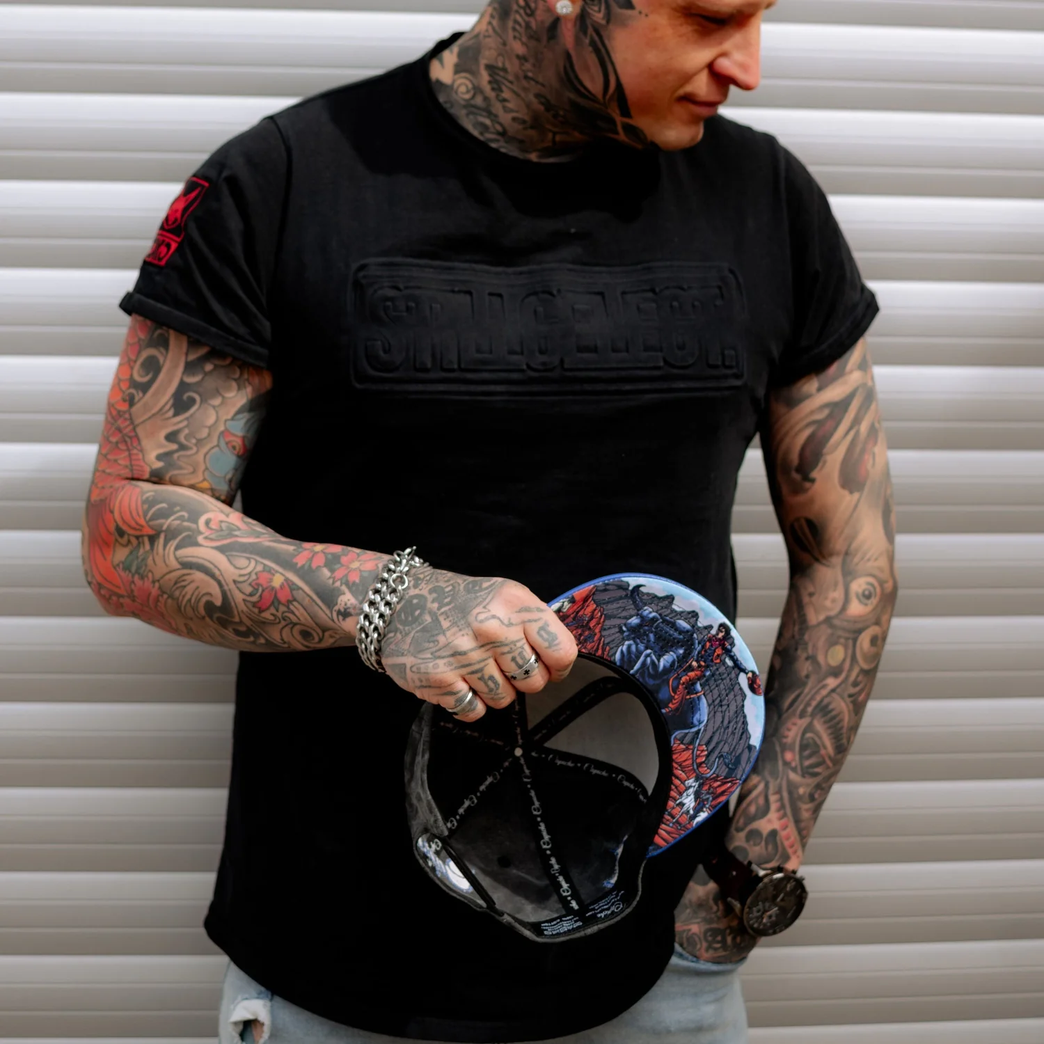 Bull Rodeo Snapback - Dark Grey Washed Fabric & Blue Faux Leather - Image 4