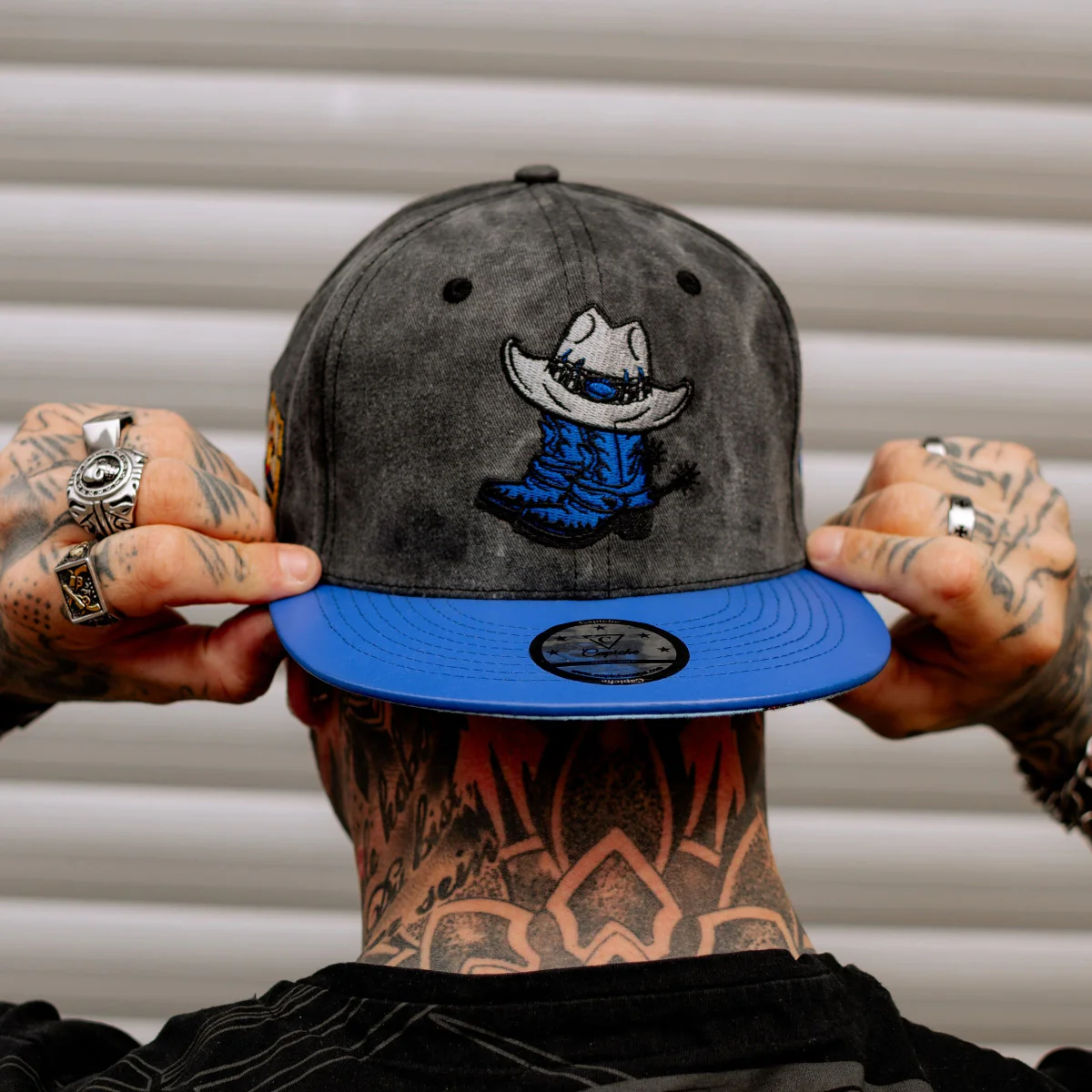 Bull Rodeo Snapback - Dark Grey Washed Fabric & Blue Faux Leather - Image 7