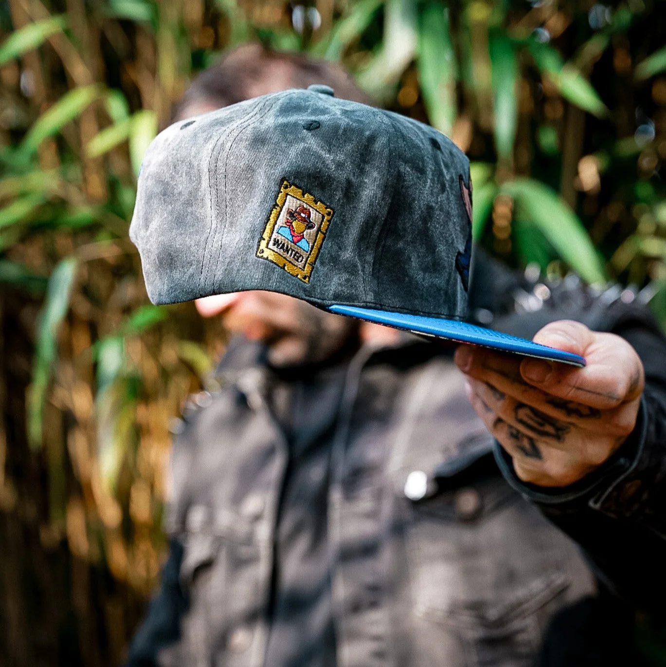 Bull Rodeo Snapback - Dark Grey Washed Fabric & Blue Faux Leather - Image 8