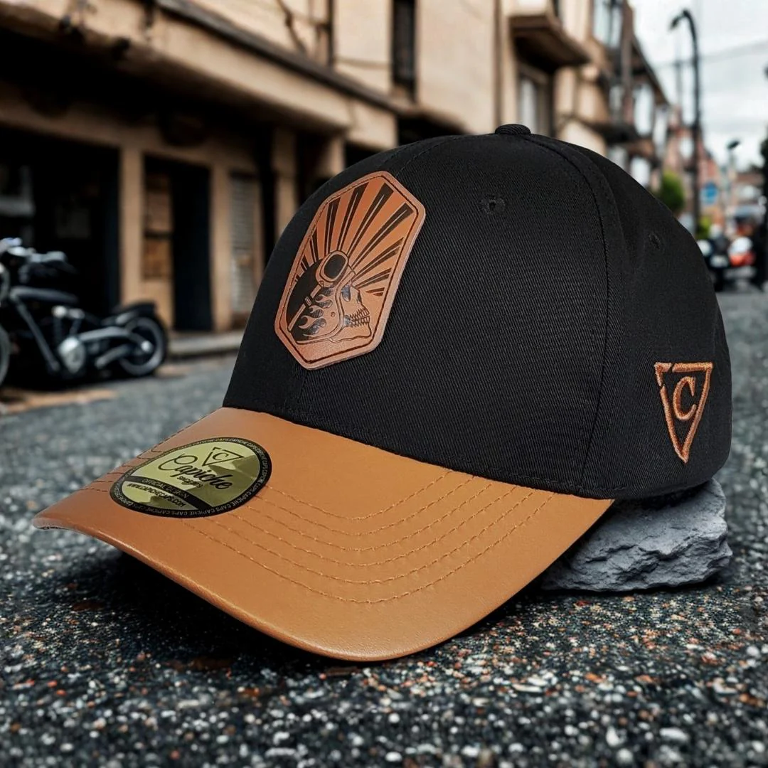 Chopper Curved Cap - Black/Brown Leather Patch Logo - Image 4