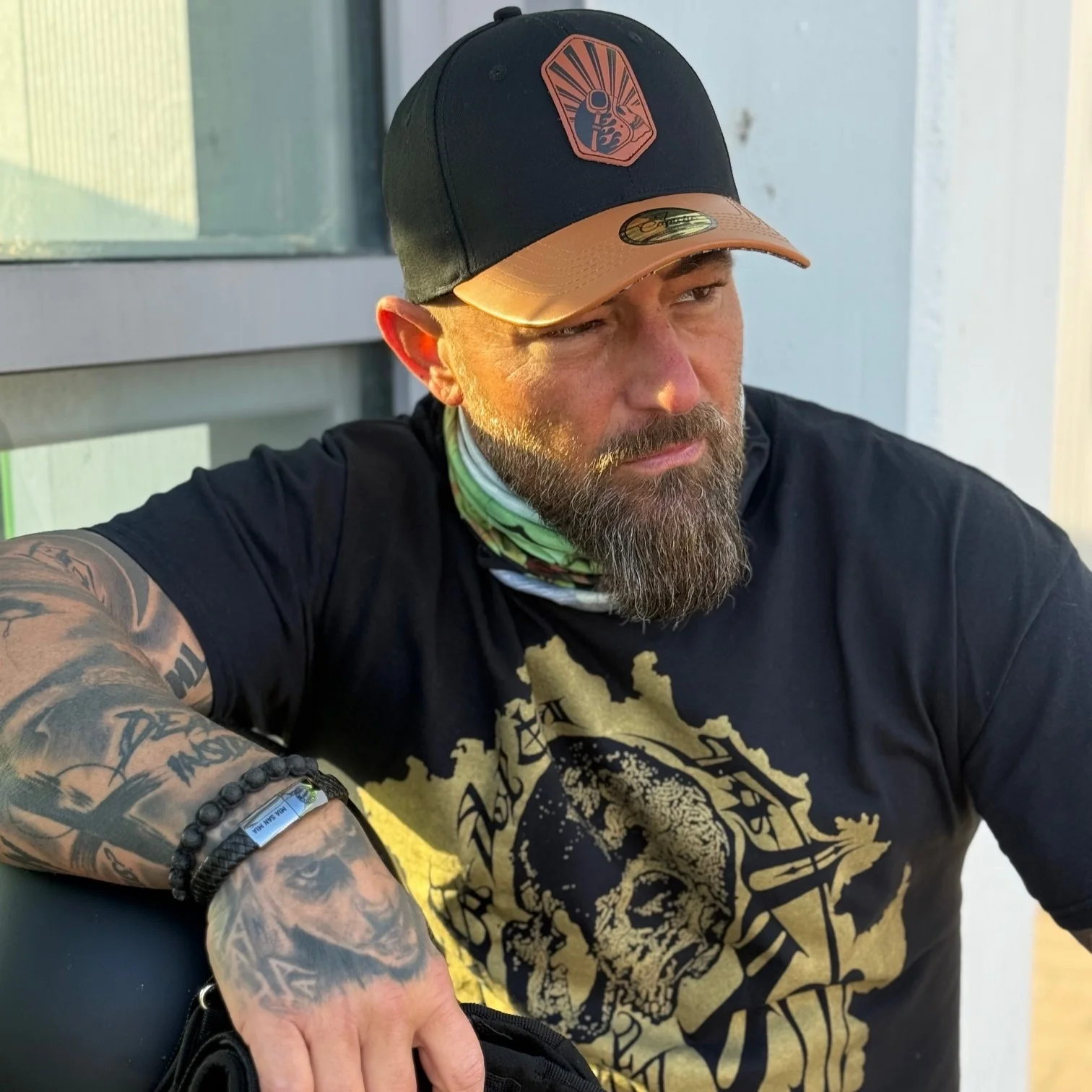 Chopper Curved Cap - Black/Brown Leather Patch Logo - Image 5