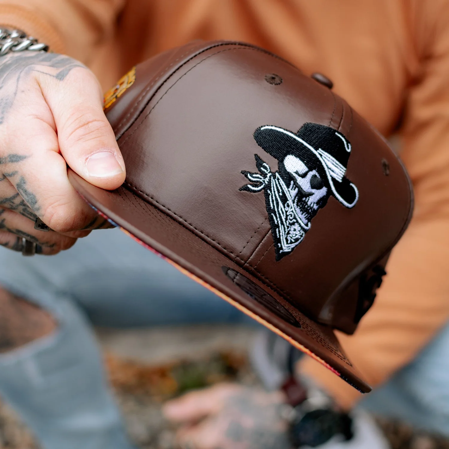 Cowboy Gang Snapback - Brown Faux Leather - Image 10