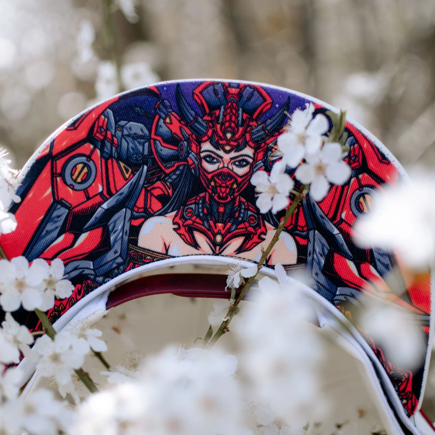 Robot Geisha Snapback - White Artificial Leather/Red Cherry Blossom - Image 5