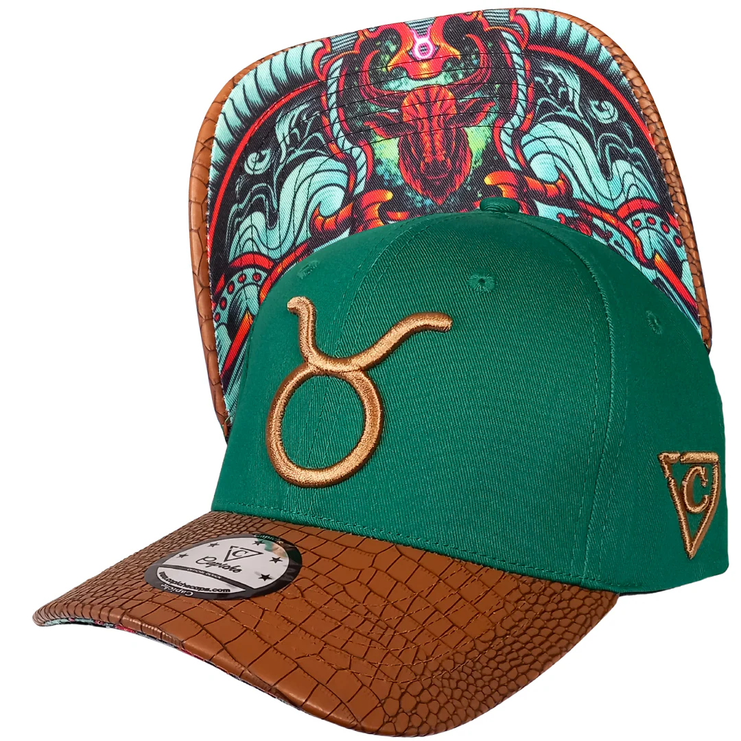 Horoscope Taurus Curved Cap - Green/Brown Faux Leather