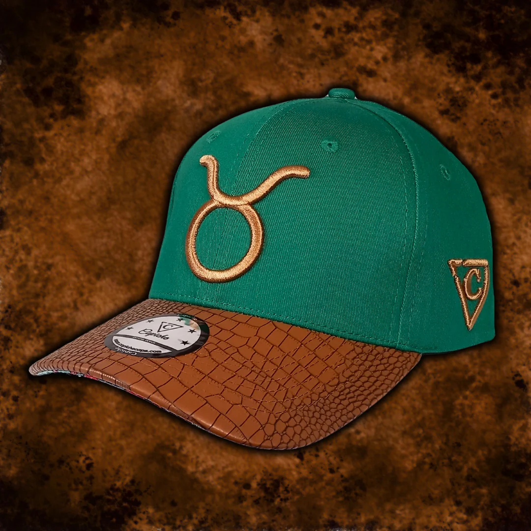 Horoscope Taurus Curved Cap - Green/Brown Faux Leather - Image 11
