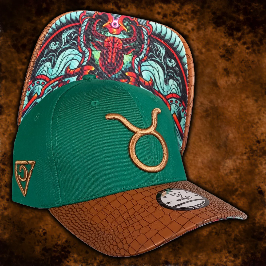 Horoscope Taurus Curved Cap - Green/Brown Faux Leather - Image 13