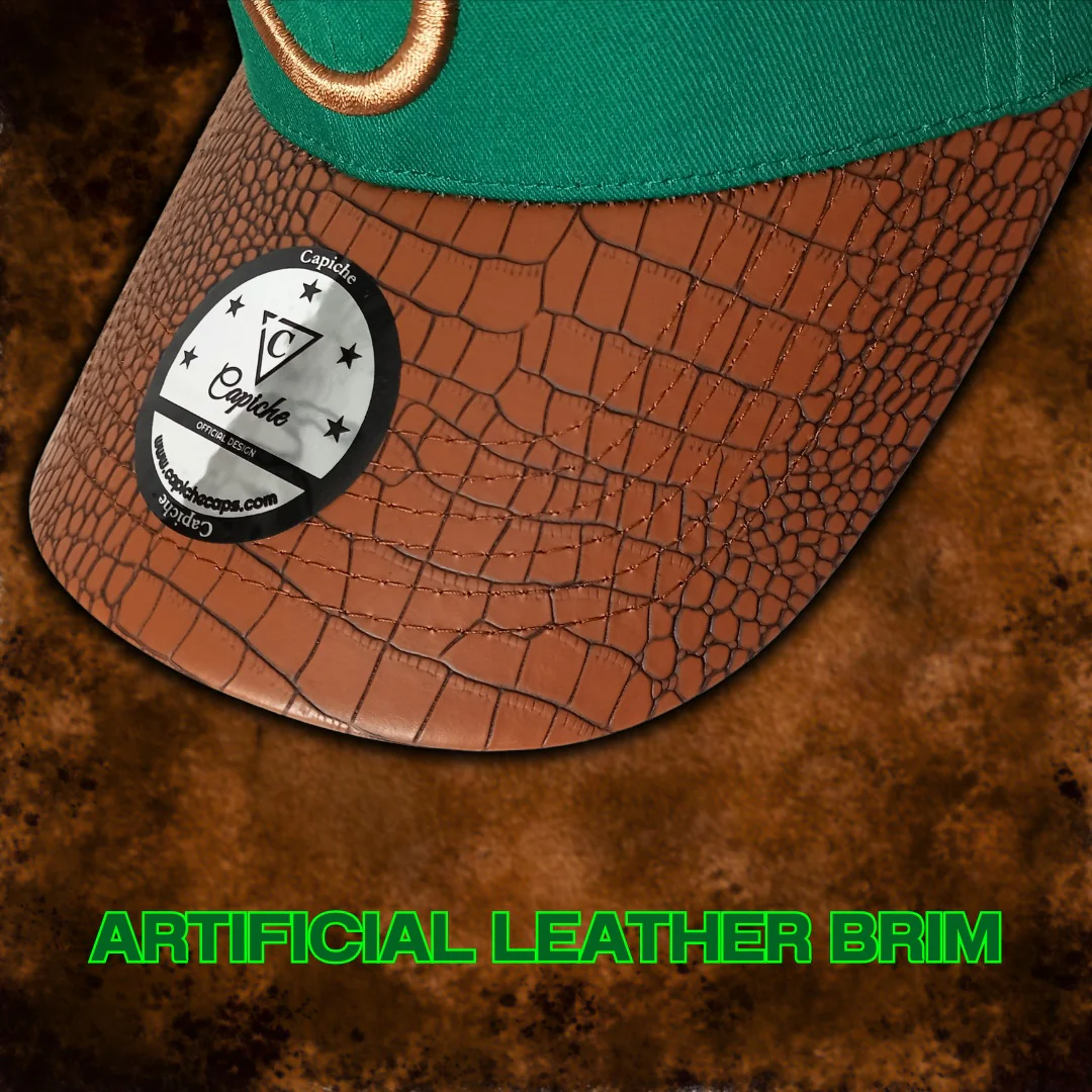 Horoscope Taurus Curved Cap - Green/Brown Faux Leather - Image 4