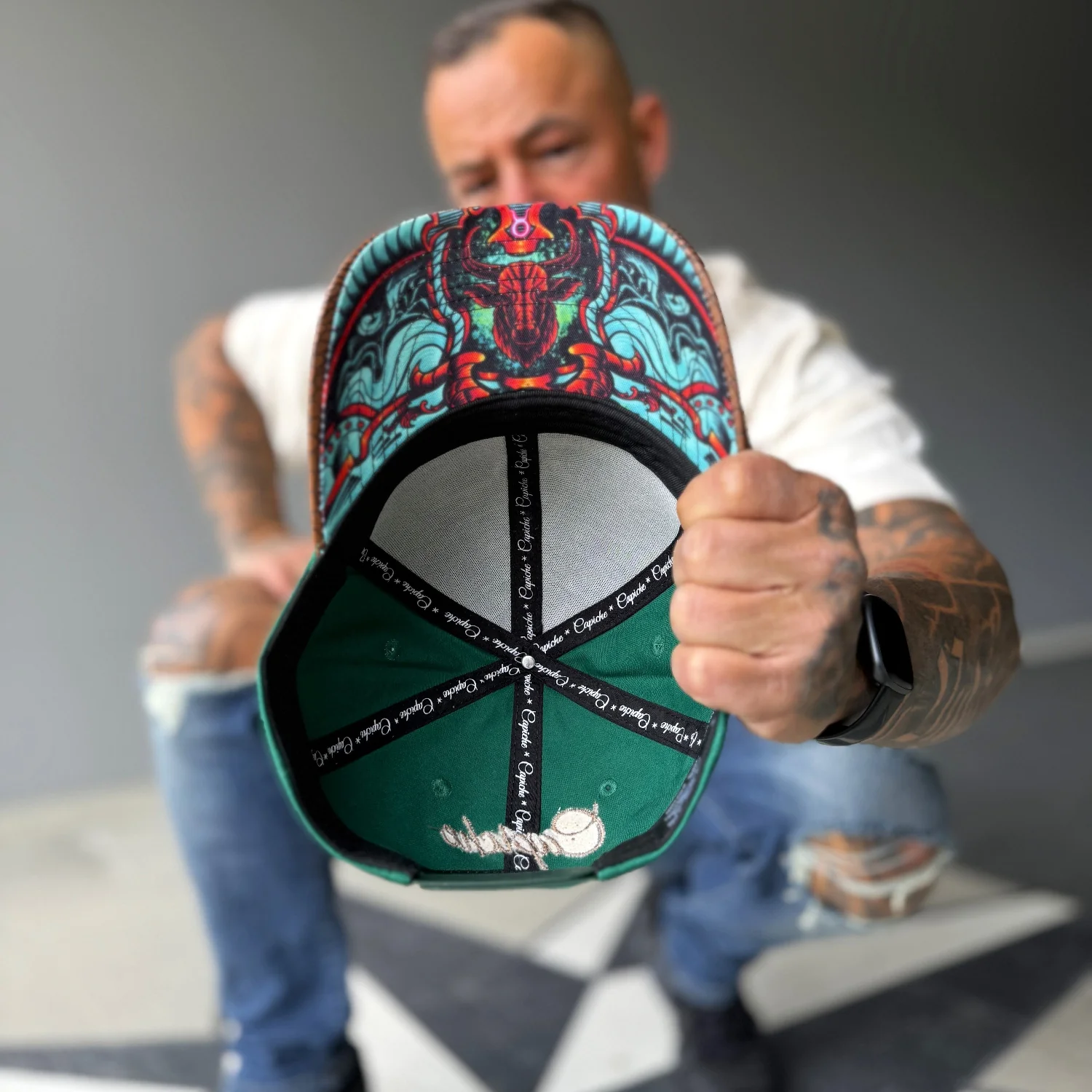 Horoscope Taurus Curved Cap - Green/Brown Faux Leather - Image 5