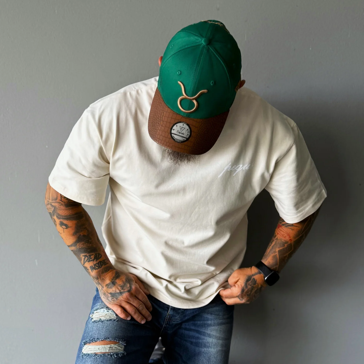 Horoscope Taurus Curved Cap - Green/Brown Faux Leather - Image 6