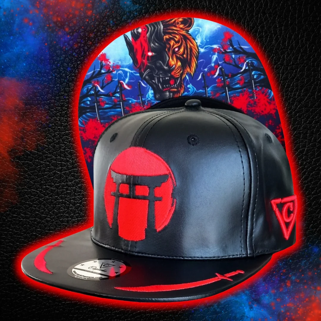 Tiger Samurai Snapback - Black Artificial Leather & Red Brim Embroidery - Image 10