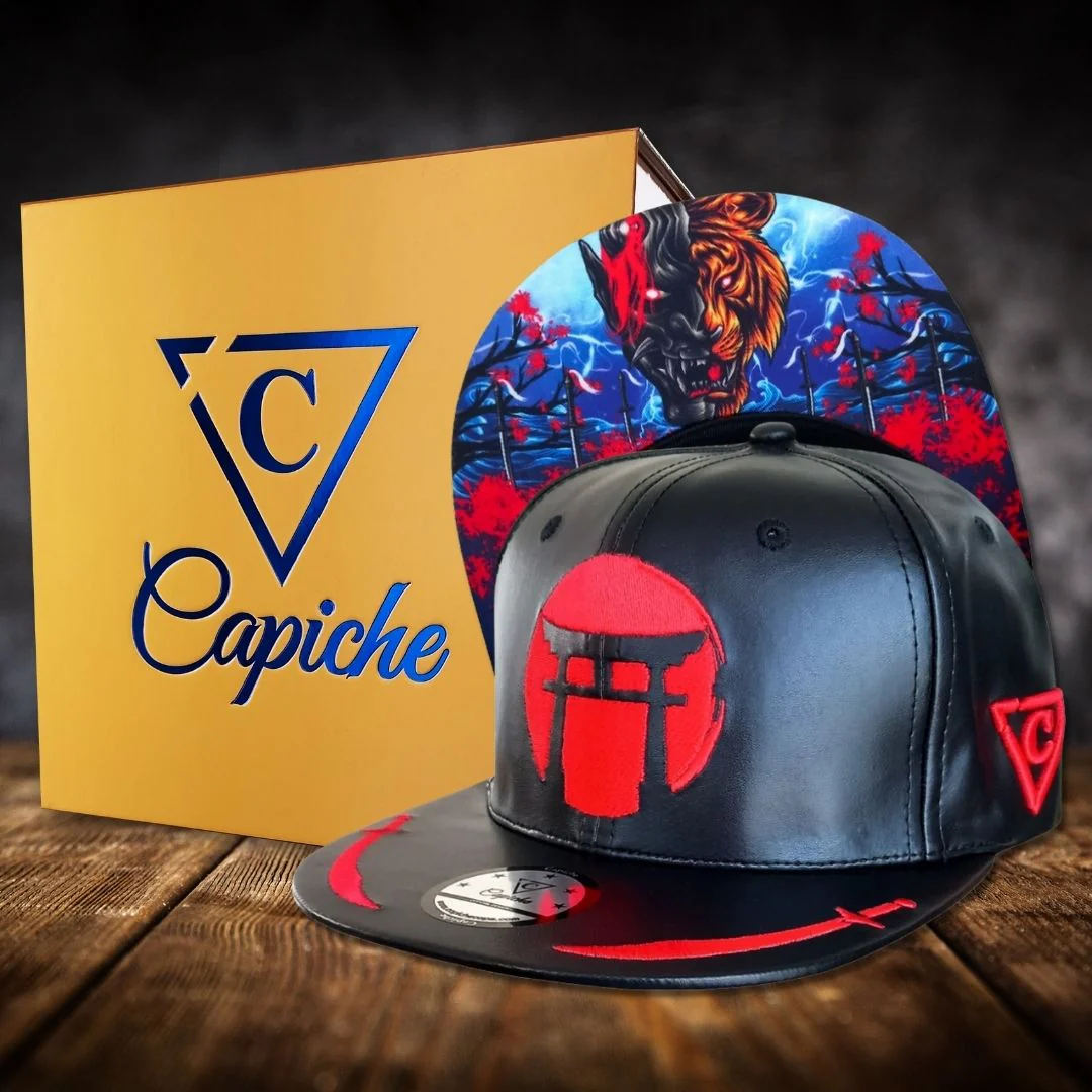 Tiger Samurai Snapback - Black Artificial Leather & Red Brim Embroidery - Image 3
