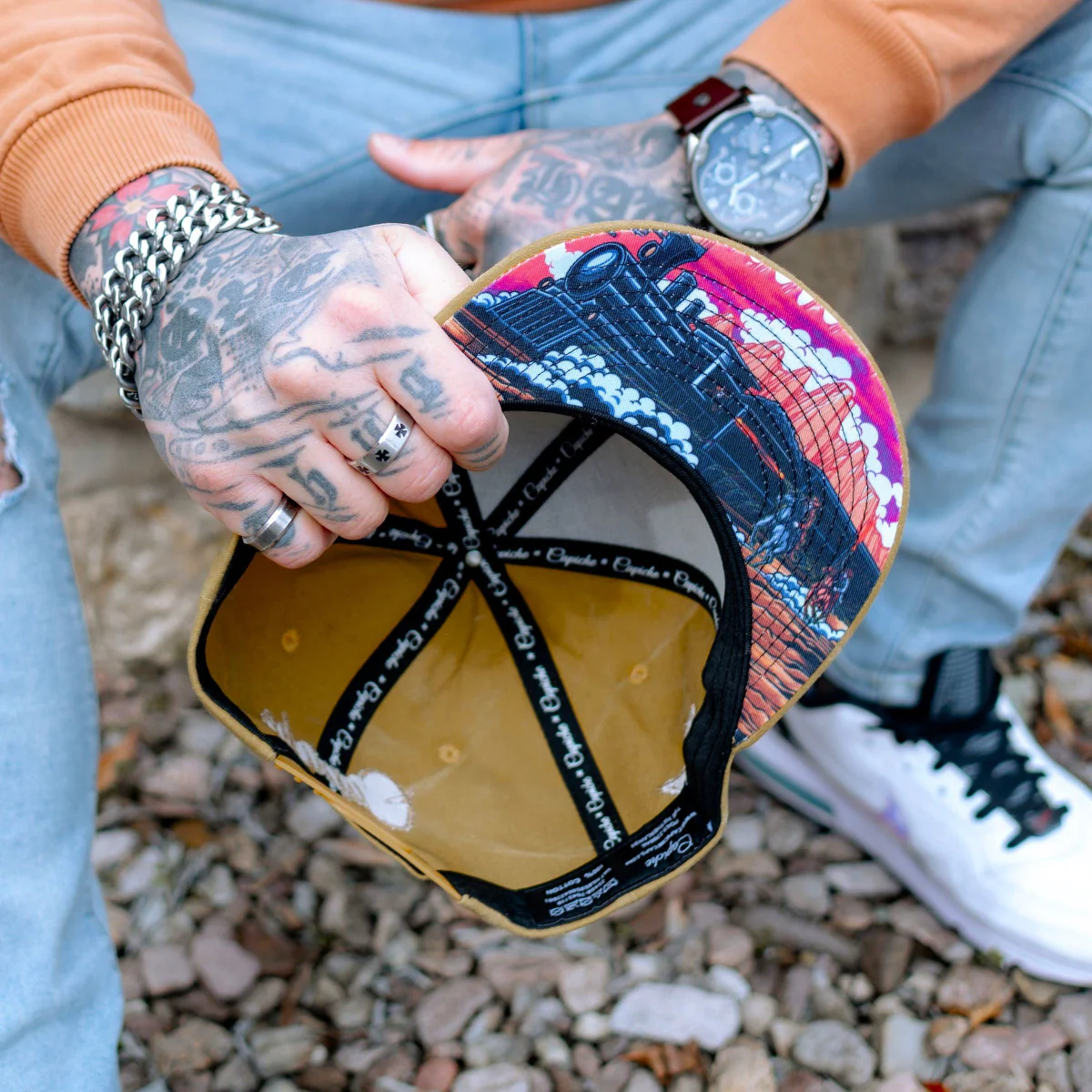 Train Heist Snapback - Mustard Yellow Washed Fabric - Image 5