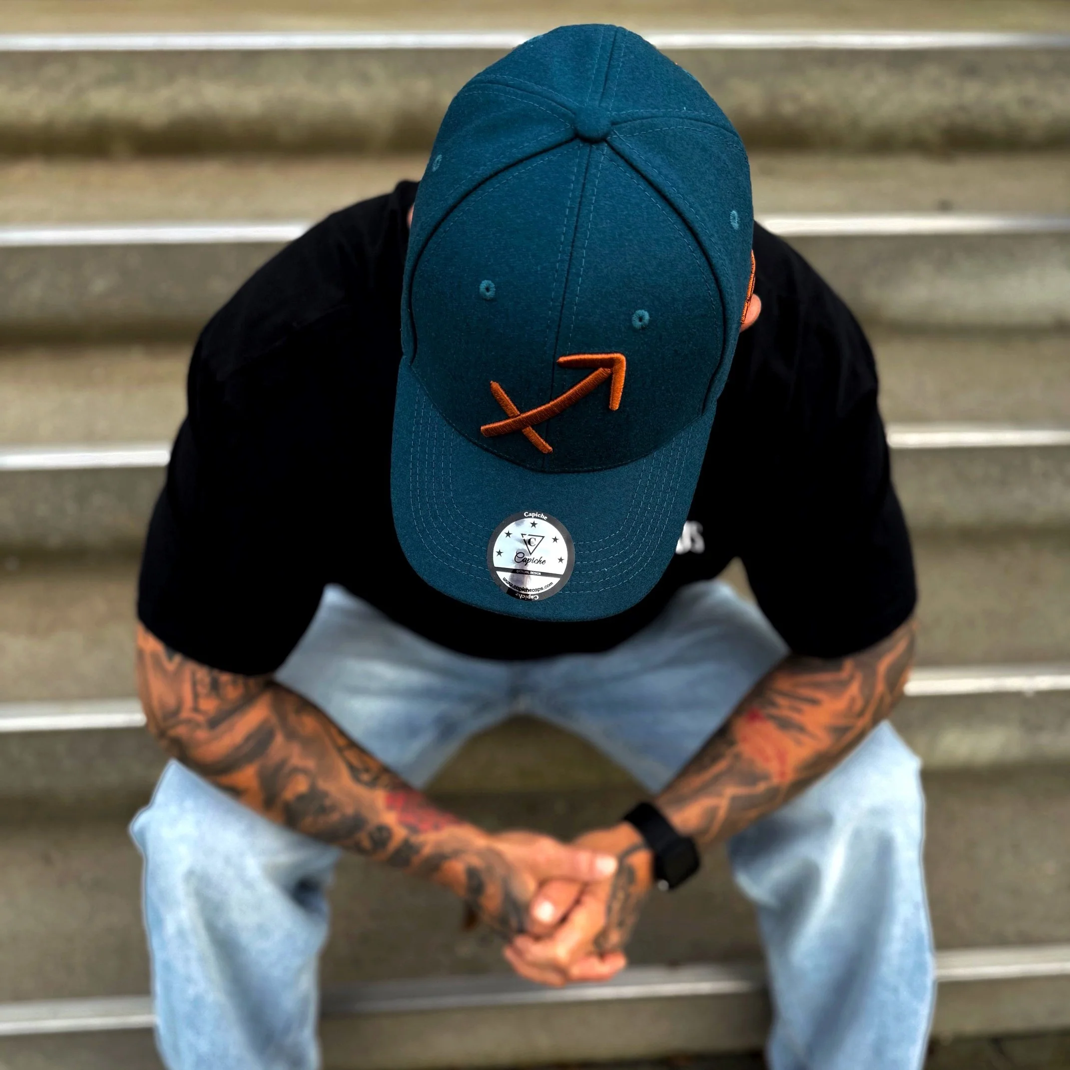 Zodiac Sagittarius Curved Cap - Petrol Blue Felt - Image 3